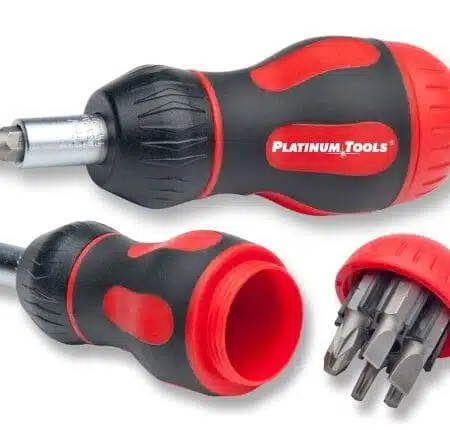 19120C Platinum Tools 8-in-1 Ratcheted Stubby Screwdriver. Clamshell.