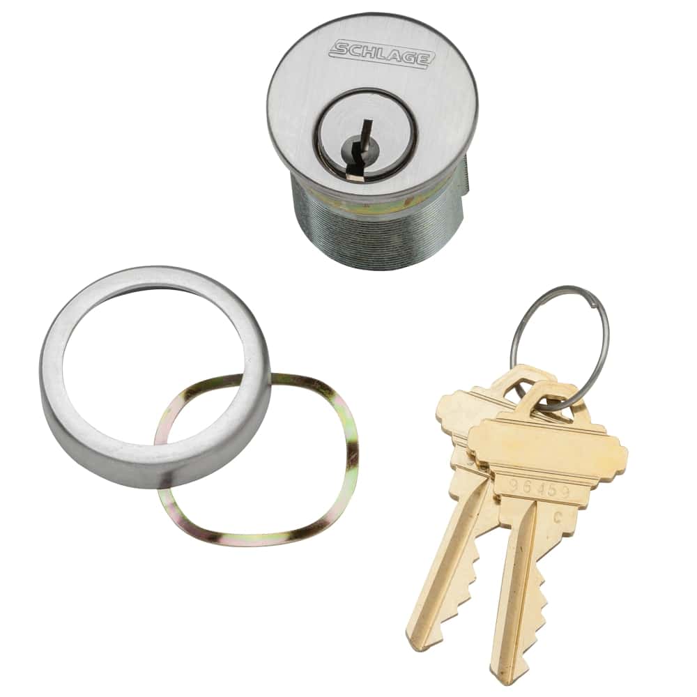 30-001FG 118 626 Schlage1-1/8 In. Mortise Cylinder, 6-pin, FG Keyway, Keyed Different, Schlage L Cam, Compression Ring & Spring, 2 Keys, Satin Chrome Finish, Non-handed