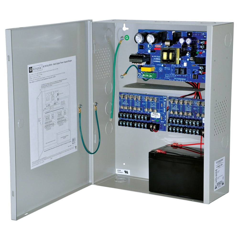 AL1012ULXPD16 Altronix Power Supply/Charger, Input 115VAC 60Hz at 1.9A, 16 Fused Outputs, 12VDC at 10A, Grey Enclosure