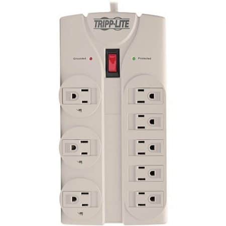 Tripp Lite TLP808 Protect It! 8-Outlet Surge Suppressor, 8' Cord with Right Angle Plug, 1440 Joules, Diagnostic LEDs, Light Gray