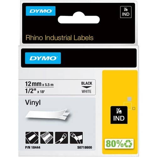 DYMO 18444 Rhino Industrial Vinyl Labels Printers 1/2" 18', Black Print on