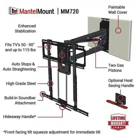 MantelMount MM720 Pro Series Pull Down TV Mount, 80-Degrees Extended Swivel with Included Adapter, 9-Degrees Tilt, Black - Image 3